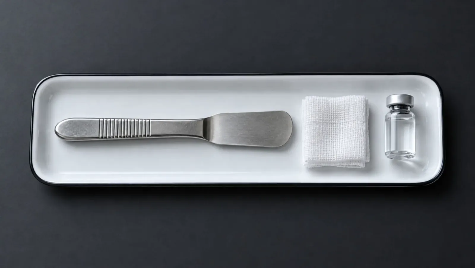 Illustrative steel skin spatula, folded gauze and a clear vial on a white enamel tray
